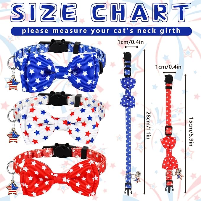 JarThenaAMCS 3Pcs Patriotic Cat Collar American Flag Star Collar with Breakaway Bell Bow Red White Blue 4th of July Adjustable Kitten Collars for 250th Anniversary Independence Day Supplies