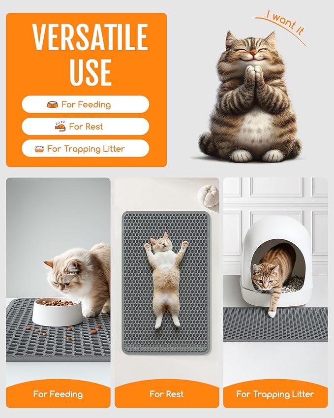 Cat Litter Mat - 46" x 35" Jumbo Litter Box Mat with Double Layers, Urine-Proof and Non-Slip Litter Trapping Mat, Easy to Clean Kitty Litter Mats for Floor, Scatter Control, Grey