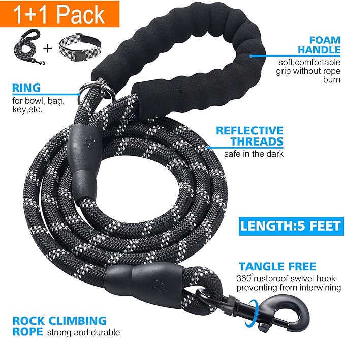 Reflective Dog Collar Padded with Soft Neoprene Breathable Adjustable Nylon Dog Collars for Small Medium Large Dogs (X-Small (Pack of 1), Black Plaid Collar+Leash)