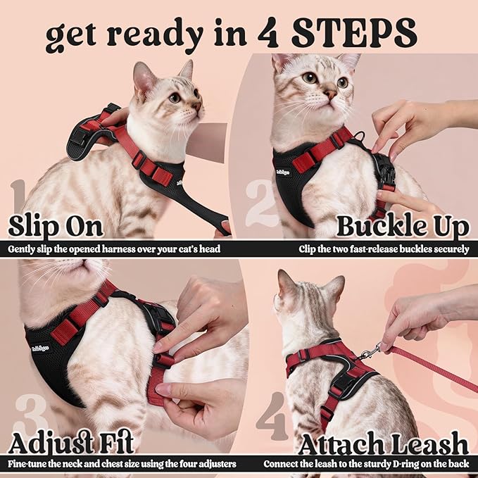 rabbitgoo Cat Harness and Leash for Walking, Escape Proof Soft Adjustable Vest Harnesses for Cats, Easy Control Breathable Reflective Strips Jacket, Black & Red, S