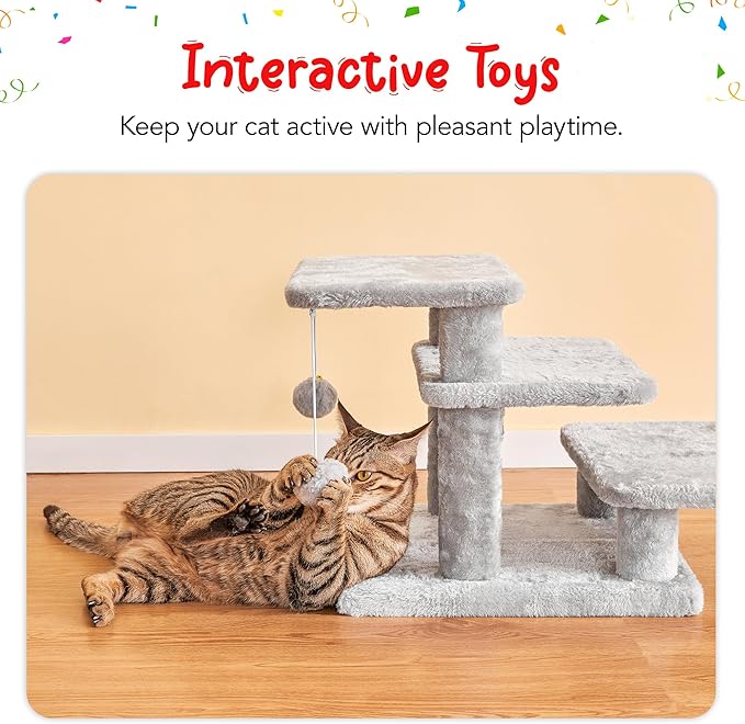 15''H Multi-Step Pet Stairs for High Beds & Sofas, 3-Step Cat Stairs with 2 Toy Balls, Wide Boards for Indoor Kittens Dogs Pets Climbing, Light Grey