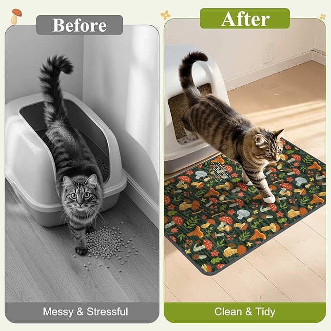 Unicorn Catcher 47X35in Cat Litter Mat Machine Washable Soft 3D Air Mesh Litter Box Rug Non-Slip Backing Quick Dry Scatter Control for Paws,Green Mushrooms