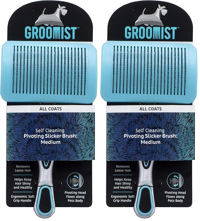Ergonomic Pivoting Slicker Brush for Medium Dogs - Self Cleaning and Shedding Control for Loose Hair and Mats (Pack of 2)