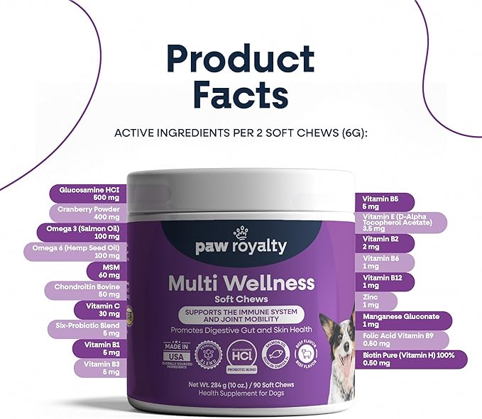 Multi Wellness Dog Multivitamin | Glucosamine, Chondroitin, Probiotics & Omega 3 for Joint Mobility, Digestive & Immune Support for Dogs| Beef Flavor Soft Chews, 90 Count