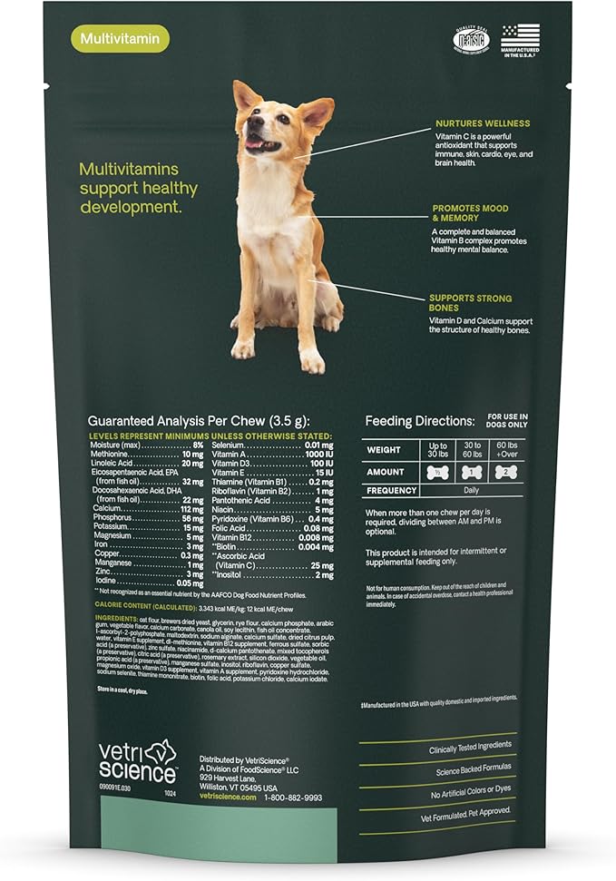 VetriScience 27+ Active Health Chews, Canine Plus Daily Multivitamin for Puppies and Adult Dogs, Balanced Vitamins, Minerals & Antioxidants, Veggie, 30 Count