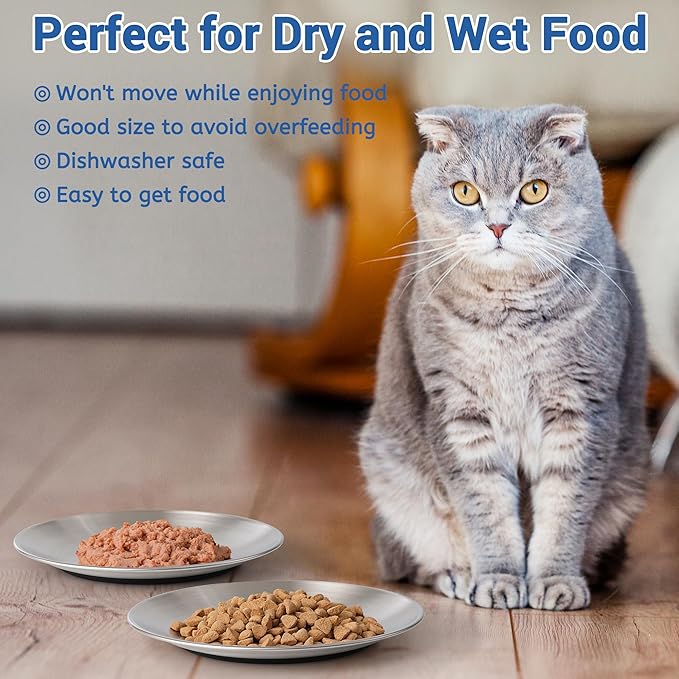 Stainless Steel Cat Bowls, 6.7" Wide and Shallow Cat Food Bowl Set with Silicone Ring for Non Slip, Flat Cats Dishes or Plates for Feeding Indoor Cats, Kitten, Small Dogs (Silver-4 Pack)