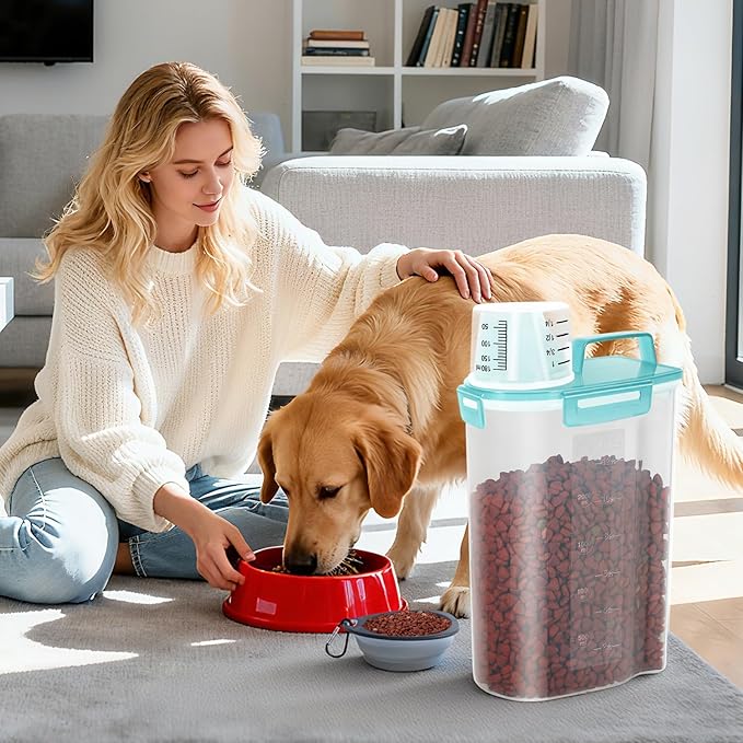 3-5Lbs Airtight Small Cat Dog Pet Food Storage Containers BPA Free, with Large Pour Spout/1 Measuring Cup/ 4 Safety Locks and Double-layer Silicone Strip (Clear Blue 2Pack)