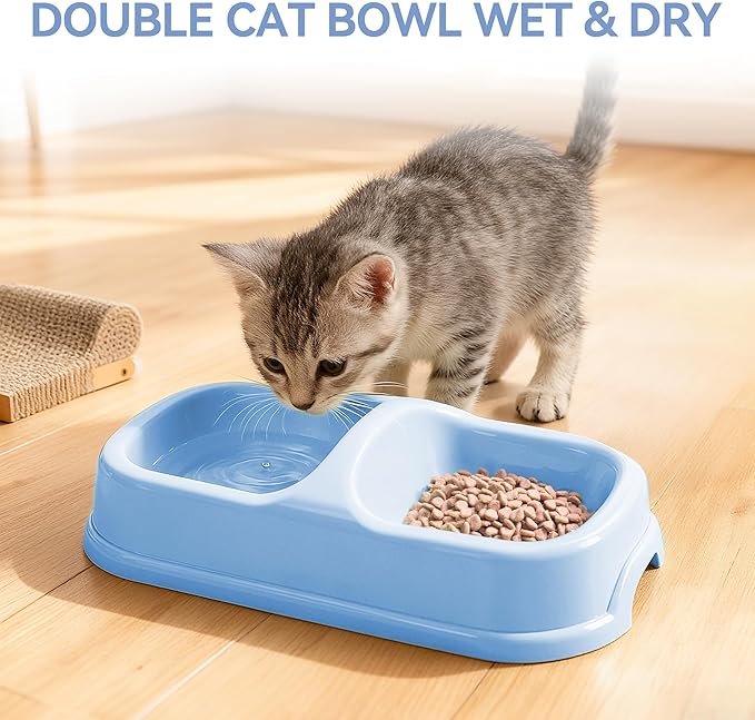 PAWISE Kitty Litter Box Set 5-Pieces - Shallow Cat Litter Pan, Cat Litter Scooper, Feeding Bowls, Kitten Starter Kit Mouse Toy, 14.5x10.5 Inches, Blue