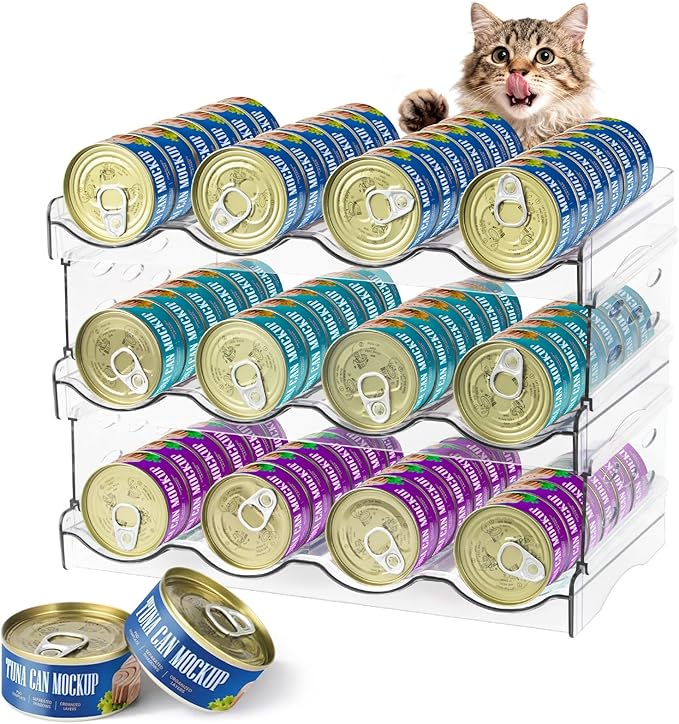 Cat Food Can Organizer, Can Organizer for Pantry, Transparent Cat Food Storage Container Holds 96 (3.5oz) Cans, Canned Food Organizer and Storage for Countertop Kitchen Cabinet (4 Tier-2 Layer)