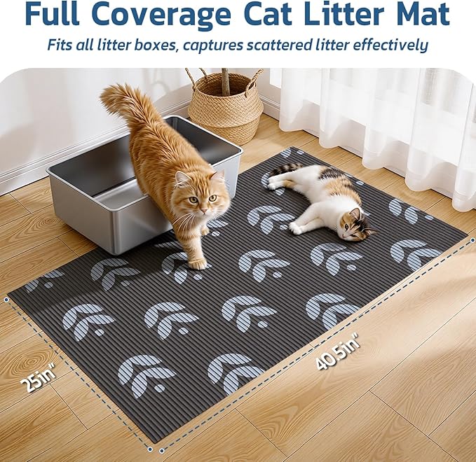 Extra Large Cat Litter Mat, 40x25 Inch Trimable & Soft Foam Pad, Leak-Proof & Non-Slip Bottom, Machine Washable for Easy Clean, Scatter Control Litter Trapper (Chocolate Leaf)