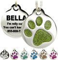 Engraved Cat Tags - Personalized with 4 Lines of Custom Engraved ID, Round Paw Print Stainless Steel Enameled in 6 colors: Ocean Blue, Aquamarine, Deep Pink, Magenta, Pale Green, Amber
