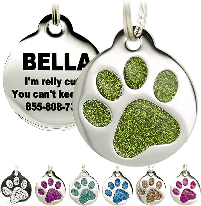 Engraved Cat Tags - Personalized with 4 Lines of Custom Engraved ID, Round Paw Print Stainless Steel Enameled in 6 colors: Ocean Blue, Aquamarine, Deep Pink, Magenta, Pale Green, Amber