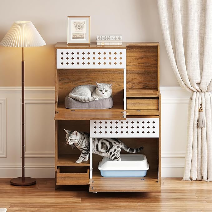 Modern 2 in 1 Side Table Cat Furniture, Cat Litter Box Enclosure, Cat House with Storage, for 2 Small-Medium Sized Cats - Brown