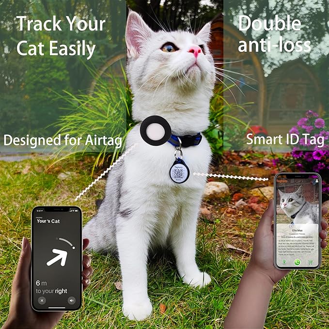 Airtag Cat Collar Breakaway With Apple Air Tag Holder, QR Code, Bell, ID Tag for Girl Boy Kitten - Reflective, Personalized Real-time Scan Alerts (Black)