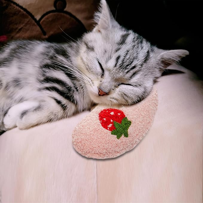 Lystaii Cat Calming Pillow for Indoor Pets - Soft Fluffy Cat & Dog Bed - Dog Neck Pillow Pet Toy Half Donut Anxiety Relief with Cute Embroidery Pattern (Pink, Strawberry)