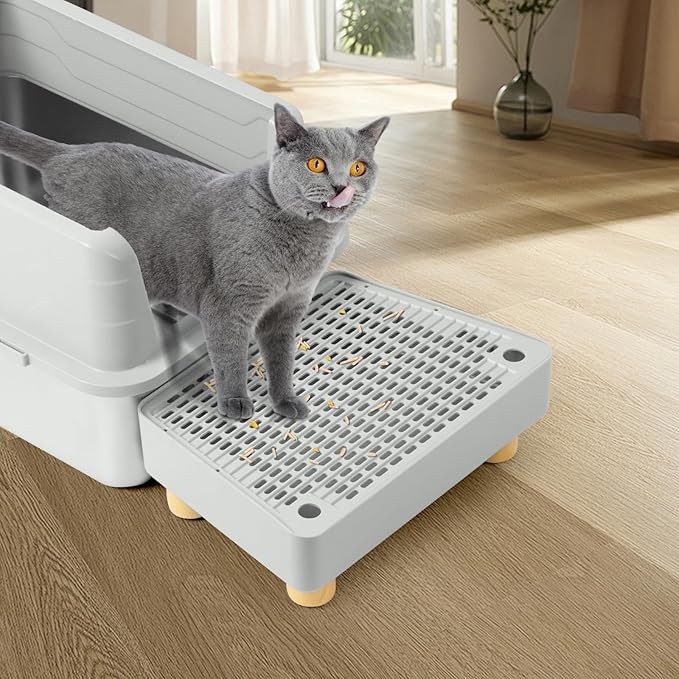Extra Large Cat Litter Box Step Ramp, Cat's Litter Catcher Mat with Wooden Feet, Filter Function, Pedal Stool for Self-Cleaning Cat Litter Box, Ideal for Kitten & Elderly Cats (Light Grey)