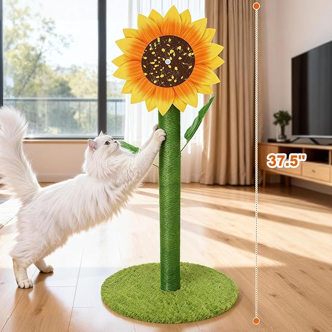 Sunflower Cat Scratching Post & Interactive Toy | 38" Tall Scratcher with Rotating Flower Top for Indoor Cats, from Kittens to Large Adults