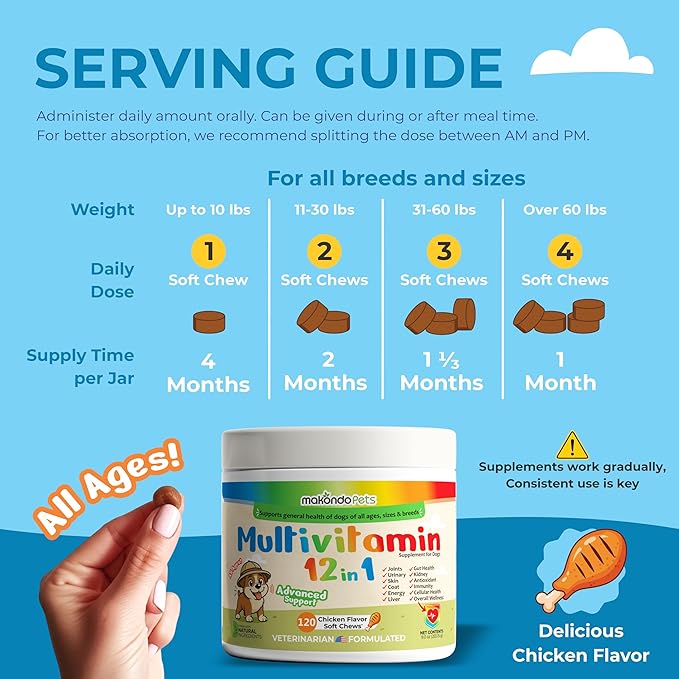 Multivitamin for Dogs 12 in 1 Soft Chews (120) – Dog multivitamin with probiotics + Digestive enzymes, Skin & Coat Support, Immune Defense & Gut Health, Cranberry Urinary Support