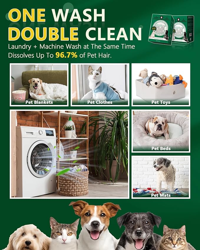 SEMECH by Seedshub Pet Hair Dissolver for Washing Machine, Washing Machine Cleaner -12 Sachets, 96.7% Hair Dissolution, Dog & Cat Hair Dissolver, HE Compatible for Front & Top Load Washers