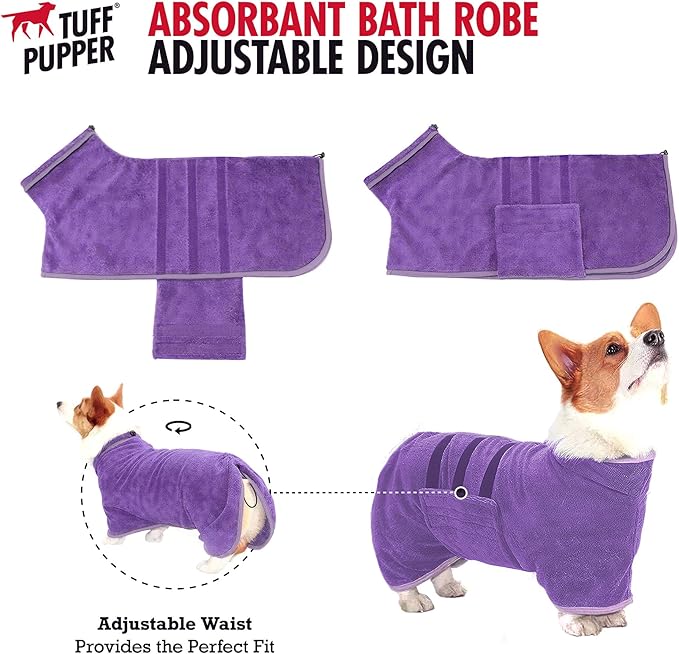 Tuff Pupper Fast Drying Dog Bath Robe | 800 GSM Plush Dog Towel Bathrobe/Dressing Gown | Super Absorbent Pet/Puppy Bathrobe | Adjustable Hood & Belly Strap | Super Soft | Fast Drying (XXXL, Purple)