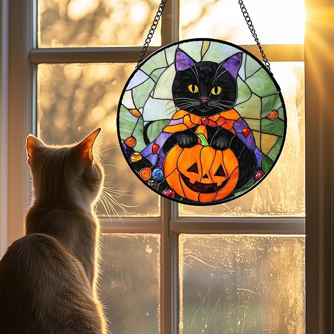Stained Glass Window Hanging Black Cat Orange Pumpkin 7.8" - Suncatcher Door Garden Kitchen Sun Catcher Home Decor Birthday for Lost Pets Mom Men Woman Friend Grandma