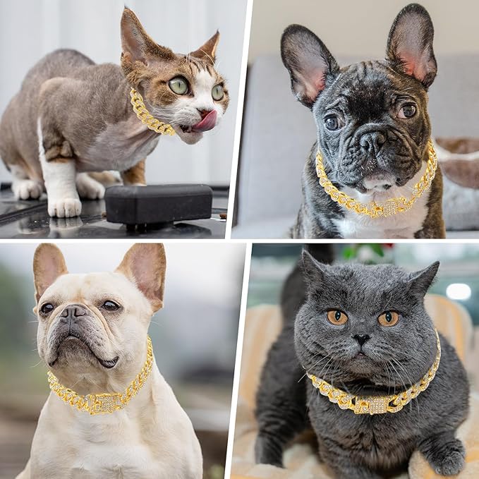 Gold Dog Chain Diamond Gold Chain Dog Collar Walking Metal with Design Secure Buckle Pet Collar Jewelry Accessories Necklace for Small Medium Large Cats,10 Inch
