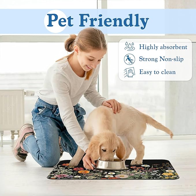 Vintage Wild Herbs Dog Cat Food Mat–Christmas Stocking Absorbent Waterproof Placemat for Food and Water Bowls, Non Slip Rubber Backing, Feeding Mat for Clean Floors 12"x20"