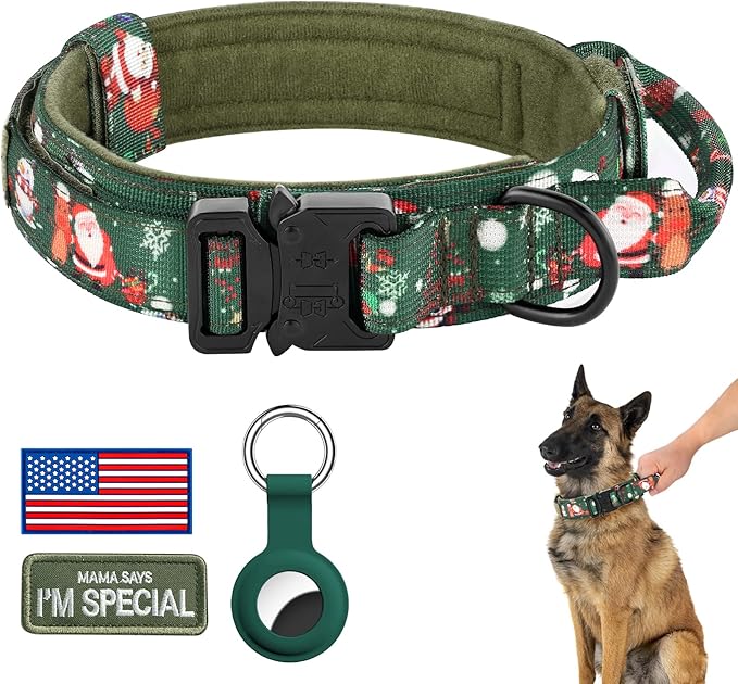 DAGANXI Christmas Tactical Dog Collar, Adjustable Military Training Nylon Dog Collar with Control Handle and Metal Buckle for Medium and Large Dogs, with Patches and Airtags Case (M, Christmas Green)