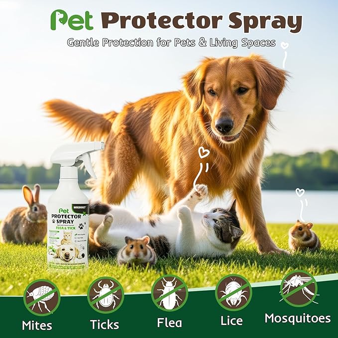 Flea & Tick Spray for Dogs & Cats, Plant-Based Formula with Lemongrass, Spearmint & Clove, Removes & Repels Fleas, Ticks, Mites, Lice & Mosquitoes, Gentle Daily Protection for Home & Pets