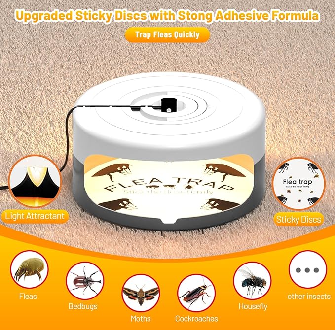 2 Pack Flea Traps for Inside Your Home, Indoor Flea Light, Bed Bug Killer with 8 Sticky Pads & 4 Light Bulb, Odorless Natural Insect Infestation Treatment Trap for Kid Pet