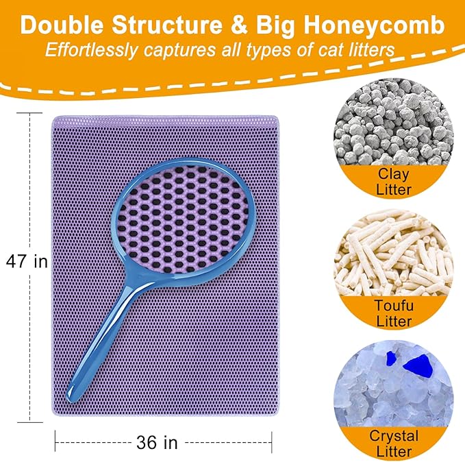 Cat Litter Box Mat-Super Large 47''x36'' Litter Trapping Mat for Cat-XXL Litterbox Matt for Floor-2 Layer Catcher Rug for Pet kitty Litterbox-Waterproof Urine Proof,Non-Slip,Purple