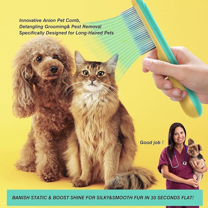 Professional 3-Row Tick & Flea Comb for Dogs & Cats - Stainless Steel Teeth with Negative Ion Anti-Static | Detangling Grooming Tool for Poodles, Shih Tzus & Long Haired Pets (One Size)