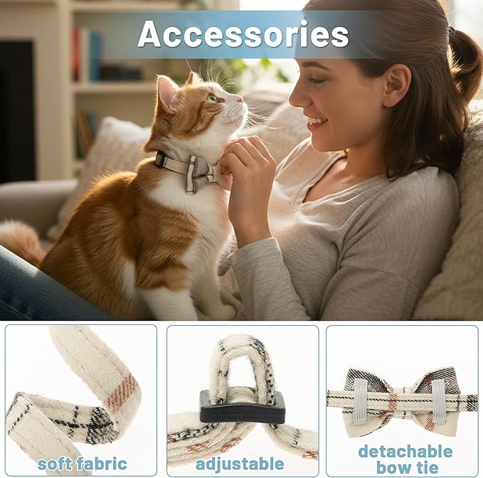 Breakaway Cat Collars - Bow Tie Cute Cat Collar with Bells for Girl Boy Cats, Puppy - Plaid Soft Adjustable Pet Collars Cat Accessories