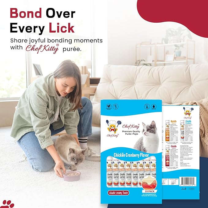 Purée Pops, Cat Treats, Grain-Free, Lickable, Squeezable Creamy Cat Treat/Topper with Vitamin E & Taurine, 0.5 Ounces Each Tube, 10 Tubes, Chicken with Cranberry Recipe