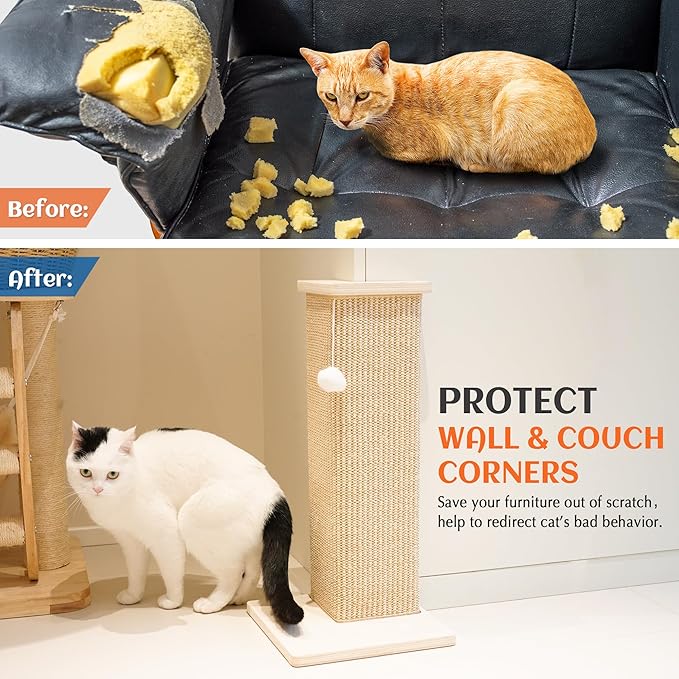 PETKARAY Couch Corner Cat Scratcher, 28'' Corner Wall Scratching Post, Sisal Cat Scratch Pad for Sofa & Furniture Protection with Toy Ball