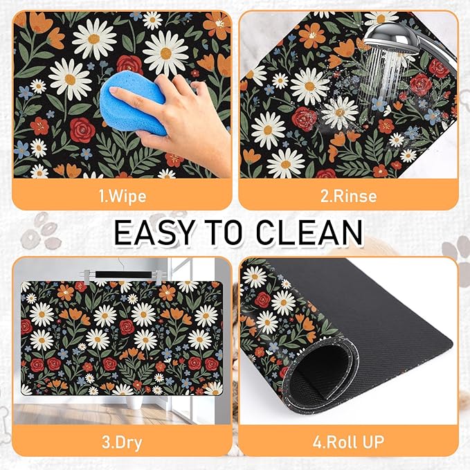 Dog Cat Food Mat - Absorbent Quick Dry Dog Bowl Mats for Food and Water, Anti Slip Cat Feeding Placemat for Floors, Diatomite Pet Dish Matts Accessories Supplies, Floral Style, 17 * 30in