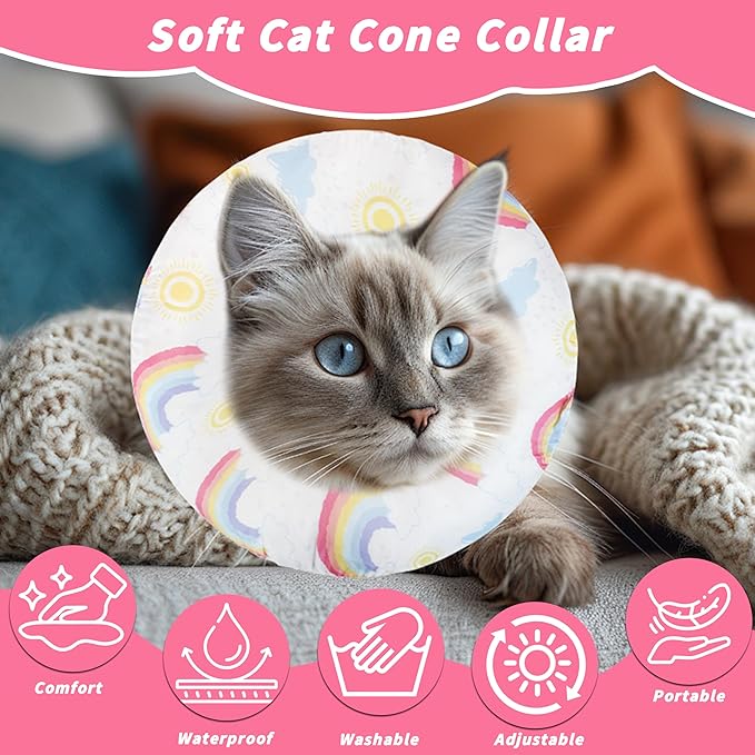 Soft Cat Cone Collar, Cute Cats Recovery Collar Suitable for Small, Medium, Large cat,Elizabethan Neck Collar for Cats After Surgery (Rainbow, Large)