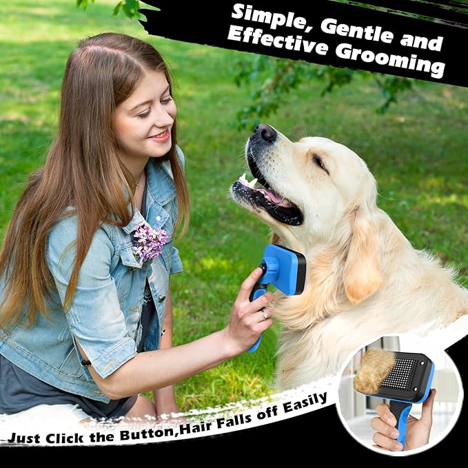 3PCS Self Cleaning Slicker Brush & Pet Grooming Rake & Flea Comb for Dogs, Cats and Horses | Double-Sided Dematting Comb & Skin Friendly Deshedding Grooming Tool | Premium Pet Supplies (Blue)