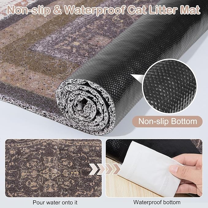 Bienbee Cat Litter Mat,24" x 15" Waterproof Litter Box Mat Litters Rug with Non-Slip Bottom, Easy to Clean Litter Trapping Mat for Cat,Black-Brown Datura M