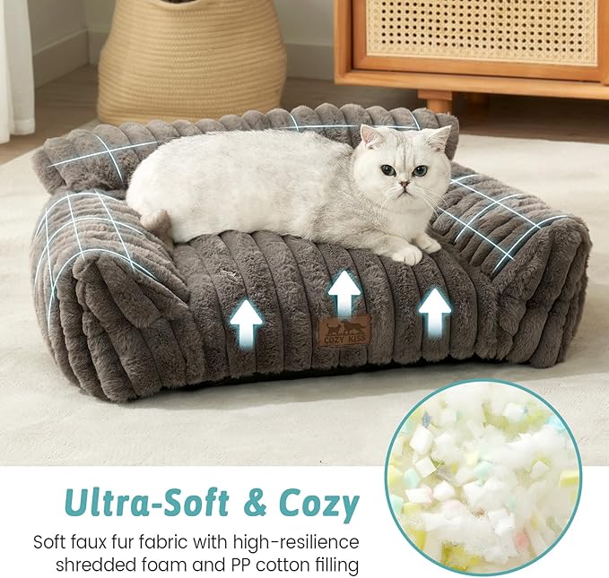 Cute Cat Couch, Fluffy Sofa Bed for Cats and Small Dogs, Premium Faux Rabbit Fur Cats beds for Indoor Cat, Ultra-Soft Supportive Pet Couch Furniture (Grey, S: 25.5''x17.5'')