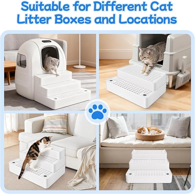 Extra Large 3 Steps Litter Box Ramp, Adjustable Cat Litter Box Step with Filter Function, Easy to Clean Cat Litter Stair Catcher for Elderly Cats and Kitten (White)