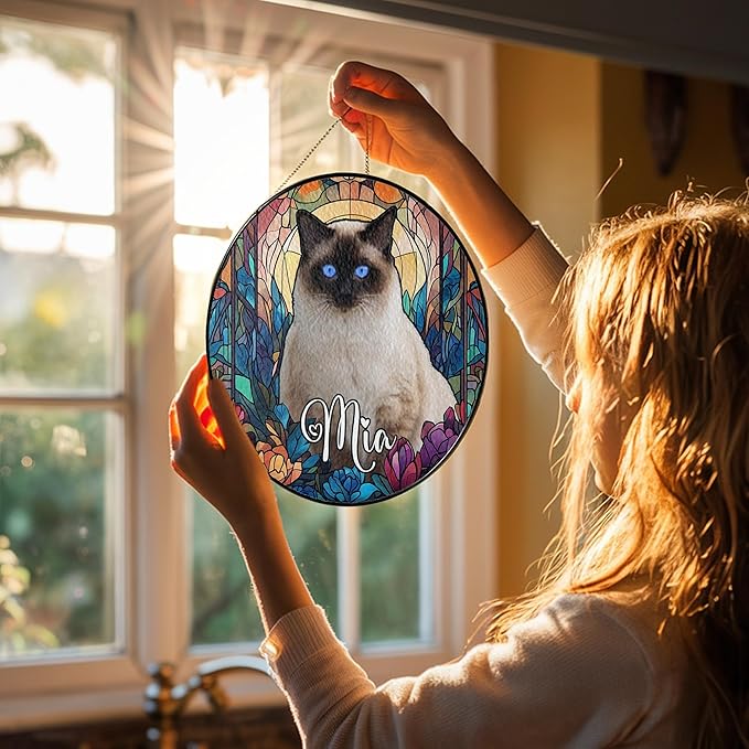 Custom Cat Dog Portrait Art Suncatcher Stained Glass Window Hanging Remembrance Gift Indoor Decor Dog Bereavement Keepsake Loss of Pet Sympathy with Name Date Portrait