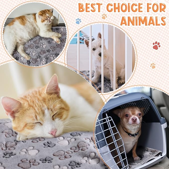 Tatuo 4 Pcs Dog Blanket for Pet Puppy Teething Toys Paw Print Fleece Blanket for Pet Cat Soft Warm Sleep Mat Guinea Pig Cage Mat(Small(24 x 16 Inch),Gray)