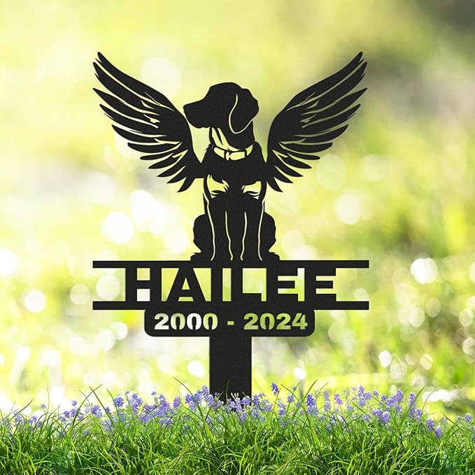 Personalized Custom Dog Memorial Grave Marker with Wings, Metal Loss of Dog Headstone Pet Plaque Burial Stake for Outdoors Cemetery Yard