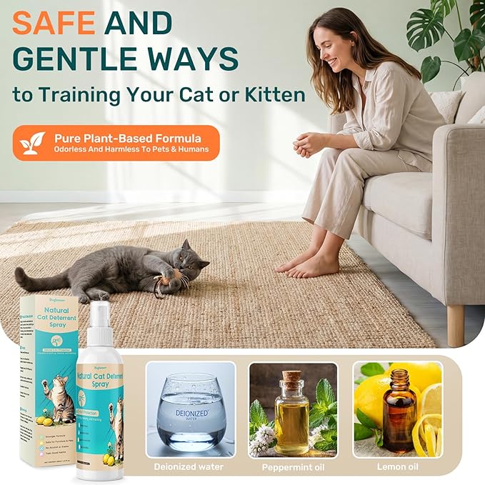 Natural Cat Deterrent Spray Indoor, Cat Repellent Spray for furniture, Safely Cat pee stopper, Anti Furniture Scratching, Stops Urine Marking, Kitten Training Spray for Sofa, Rugs, Chairs, 150ml