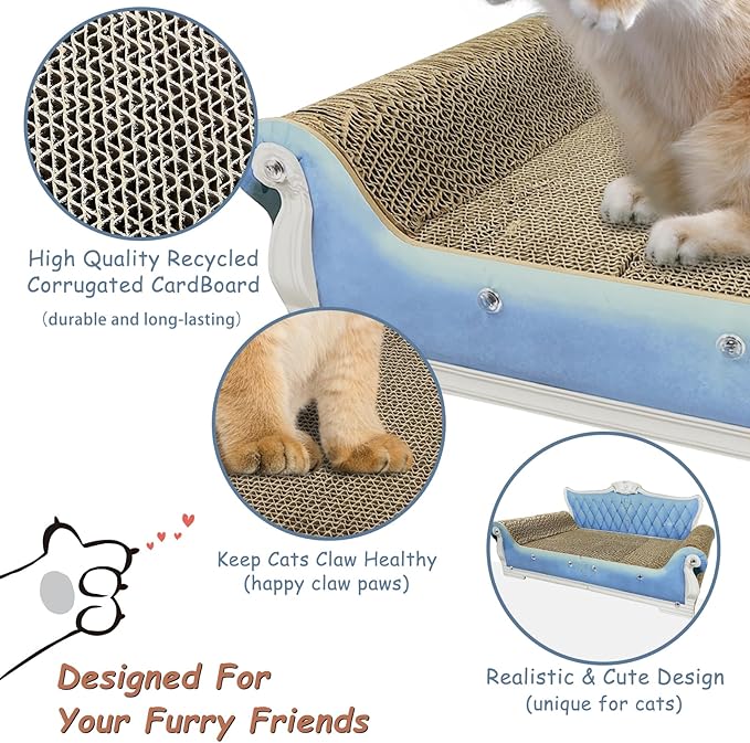Luxury Cardboard Cat Scratcher Sofa Bed, Couch Shaped Scratching Board, Scratch Lounge with Catnip, Cat Scratcher for Indoor Cats Large Blue