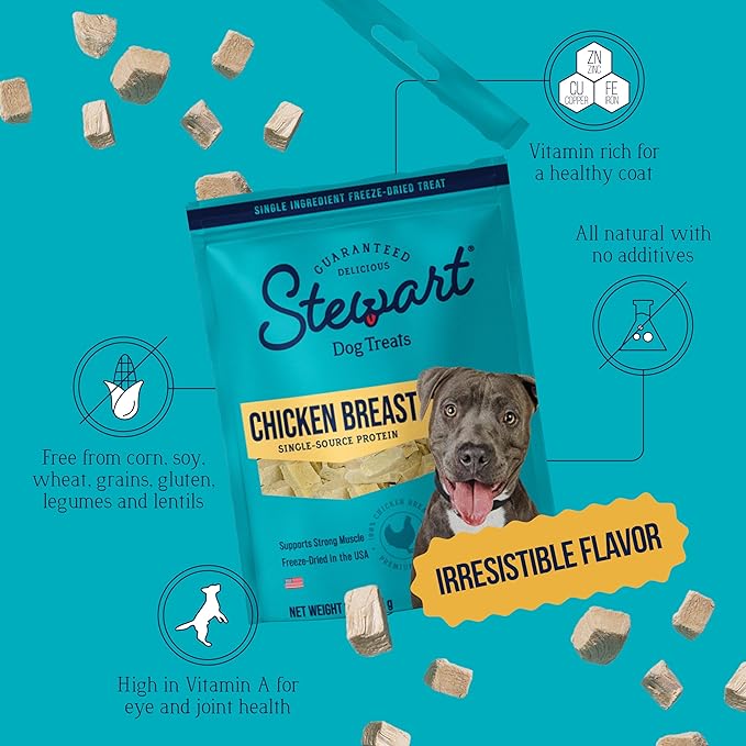 Stewart 100% Chicken Breast Dog Treats, 3 oz Pouch, ~55 Pieces, Freeze Dried Raw, Single Ingredient, 74% Protein Training Treats or Meal Topper, Grain Free, Gluten Free