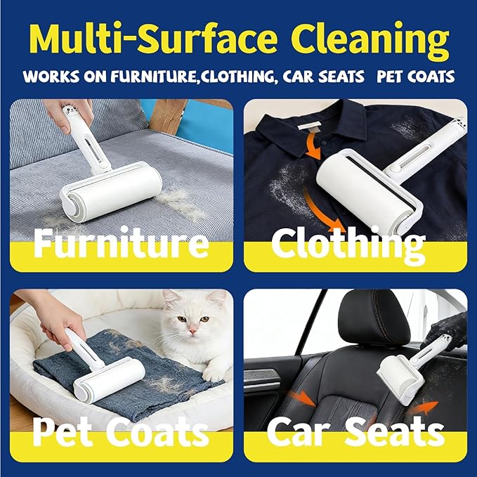 4-in-2 Pet Hair Removal Kit, Reusable Lint Roller, Anti-Slip Glove, Deshedding Comb, Portable Sticky Roller for Cats and Dogs（Yellow）