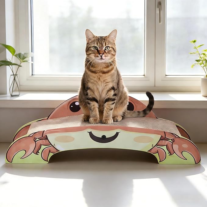 Crab-Shape Cardboard Cat Scratcher Bed Lounge for Indoor Cats, Durable 2-Side Curved Cute Cat Scratching Board Kitten Scratch Pad, Colorful