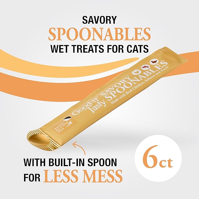 Good ‘n’ Tasty Savory Spoonables with Real Chicken, Salmon & Duck, 6 Count Tube, Triple Flavor Squeezable Lickable Wet Treats for Cats with Built-in Spoon for Less Mess (Pack of 2)